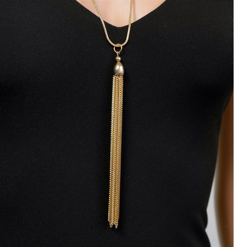 Vintage Gold Tone Long Snake Chain Tassel Pendant Necklace